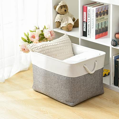 TheWarmHome Storage Bins Baskets for Organizing, 20.5L×15.7W×13.8H 3 Pack Sturdy Fabric Storage Basket W/Handles, Decorative Foldable Storage Baskets for Shelves Closet Nursery Toy (White & Grey) - Image 4
