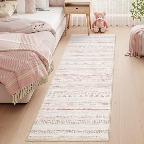 2x6 Pink Runner Rug Machine Washable Non Slip Area Rug Distressed Neutral Moroccan Boho Rug Ultra Soft Floor Runners for Hallways for Entryway Laundry Room Kitchen by Tchdio