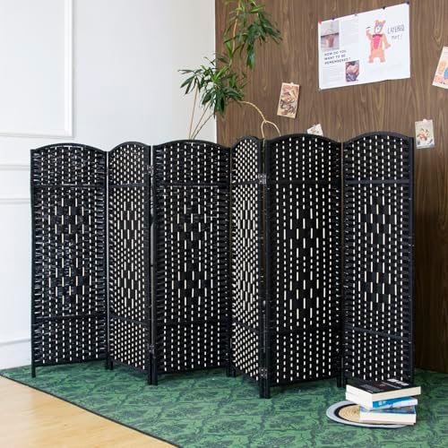 Furnnylane 6 Panel Black Rattan Room Divider for Room Separation, 47.2" Low Height Double Sided Folding Privacy Screen, Freestanding Partition Screen for Home Office - 3.95 ft Tall by Furnnylane