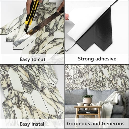 Vamos Tile Glossy Marble Purple Backsplash Tile Peel and Stick, 12.8 x 12.8 Inch 10 Sheets Long Hexagon PVC Self Adhesive Mosaic Wall Tiles Stick on Backsplash for Kitchen and Bathroom - Image 5