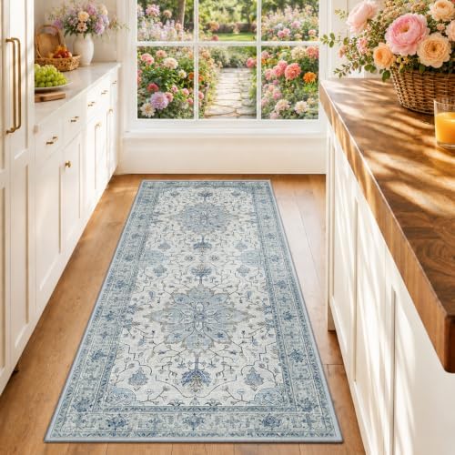 RELEANY Washable Area Rug, Runner 2'x6', Blue/White/Gray by RELEANY