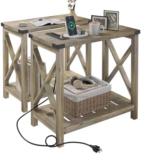 Hadulcet Farmhouse End Tables Living Room Set of 2 - Narrow Side Table with Charging Station, Slim Nightstand for Small Space, Skinny Bedside Table, Sofa Side Table with Storage Shelf, Elegant Gray by Hadulcet