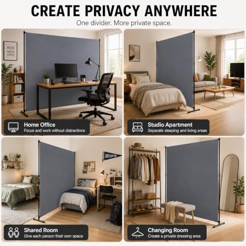 Room Divider, 72x72Inch Large Single Panel Privacy Screen with Thickened Fabric,Freestanding Partition Wall for Room Separation,Portable for Indoor Office,Bedroom,Studio Apartment,Gray - Image 6