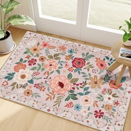 DUKINO 2x3 Entryway Rug, Floral Door Mat Soft Washable Rug Non Slip, Beige by DUKINO