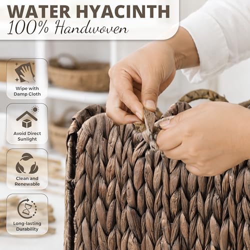 Set of 4 Foldable Scalloped Wicker Storage Cubes Basket, Storage Cube Bins -12"x12"x12", Collapsible Cube Organizers, Water Hyacinth Woven Bins for Bathroom, Bedroom, Shelves,...(Espresso Color) - Image 7