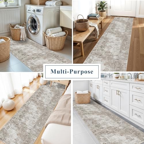 2x12 ft Long Hallway Runner Rug - Non-Slip Washable Soft Carpet Runners for Kitchen Hall Entryway Bathroom, Modern Abstract Neutral Low Pile Thin Stain-Resistant Floor Runner with Rubber Backing - Image 5