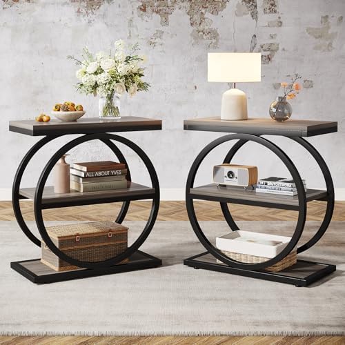 Tribesigns End Table Set of 2, Narrow End Table with 3 Storage Shelves, Wooden Side Table with Metal Frame, Small Sofa Side Table for Living Room, Grey Nightstand and Bedside Table for Bedroom by Unknown