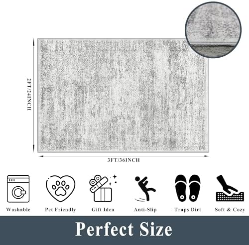Washable Rug 2x3 for Entryway, Small Non-Slip Kitchen Throw Mat for Sink, Soft Low-Pile Stain & Fade-Resistant Indoor Mat for Pet Area & Bathroom (Grey/Ivory) - Image 2