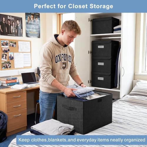 Bagnizer Large 17" 42 Quarts Collapsible Stackable Storage Bins with Lids [3-Pack] Foldable Fabric Linen Storage Boxes Cube, Closet Organizer Baskets with Label (16.7 x 12 x 12, Black) - Image 3