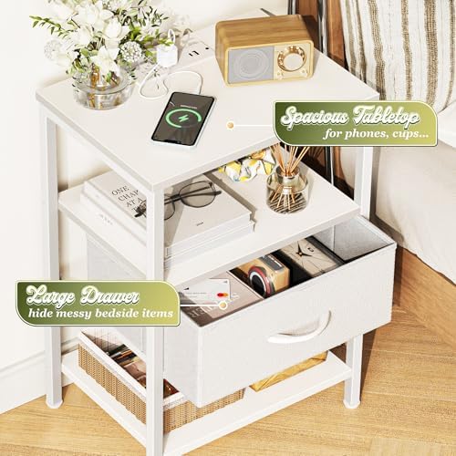 SUPERJARE Nightstand with Charging Station, Bed Side Table with Adjustable Fabric Drawer, Night Stand for Bedroom, 3-Tier Storage End Table, for Living Room, White - Image 5