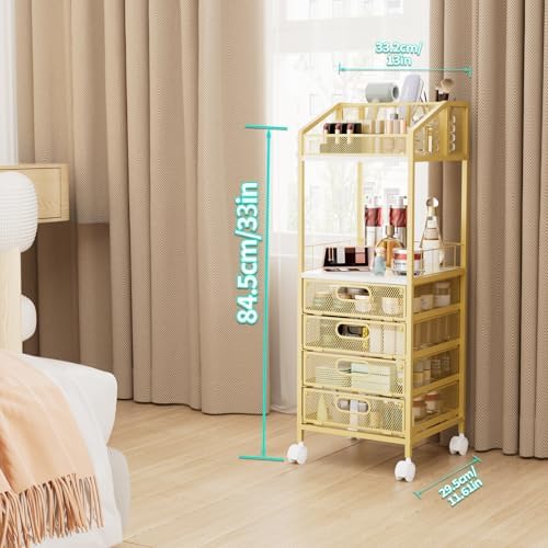 HapiRm Makeup Organizer Storage Cart - Floor Skincare Make Up Storage with 4 Drawers, Rolling Makeup Cart Vanity Organizer Cosmetics Display Cases Holder for Skin Care Perfume Nail Polish, Gold - Image 3