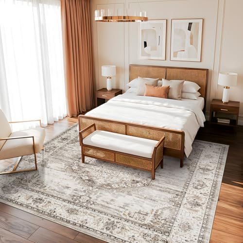 10x10 Square Area Rug: 10ft Square Washable Living Room Rugs Ultra Thin Soft Oriental Non-Slip Backing Farmhouse Rug Low Pile Thin Stain Resistant Indoor Carpets, 10' x 10' Beige - Image 4