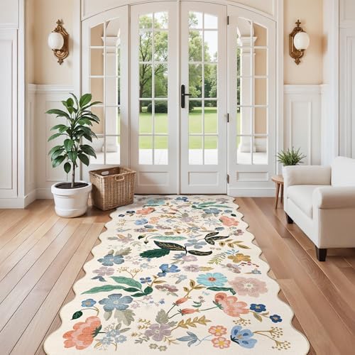 Washable 4x8 Wide Runner Rug: Hallway Entryway Non Slip Scalloped Floral Rug Farmhouse Soft Stain Resistant Carpet for Kitchen Bathroom Bedroom Low Pile Pet Friendly Floor Mat (4x8,Cream) - Image 2