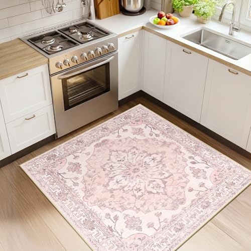 RELEANY Washable Area Rug, Square 4'x4', Pink by RELEANY