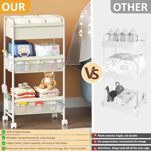 3-Tier Baby Diaper Caddy Cart Organizer,Mobile Nursery Storage Carts with Wheels,With 2 Dividers&14 Mesh Pockets Durable Metal Utility Cart for Nursery, Bedroom, Bathroom, Baby Essentials Organization - Image 5