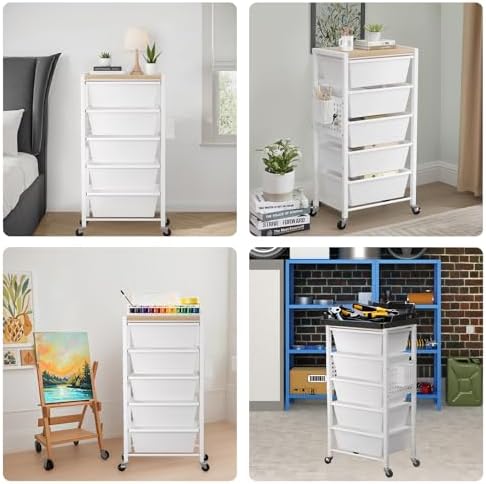 Rolling Cart with 4 Drawers, Plastic Drawer Storage Carts with Wheels & Wooden Tabletop, Metal Utility Cart with Pegboards, Office Living Room Classroom Craft Organization and Storage, Bright White - Image 6