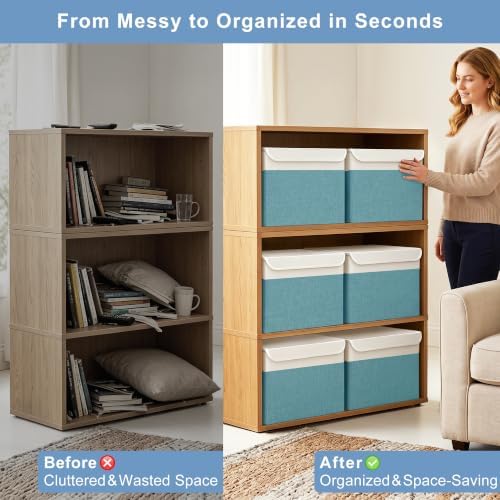 Large 17" 42 Quarts Collapsible Stackable Storage Bins with Lids [3-Pack] Foldable Fabric Linen Storage Boxes Cube, Closet Organizer Baskets with Label for Home (16.7 x 12 x 12", Teal & White) - Image 2