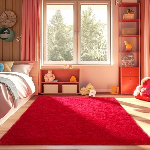 Ophanie Red Rugs for Bedroom Living Room, Fluffy Fuzzy Furry Carpet, Plush Soft Shaggy Bedside Indoor Floor 4x6 Area Rug for Kids Girls Boys Baby Teen Dorm Nursery Decor with Over 99 pcs Pile fibers - Image 5