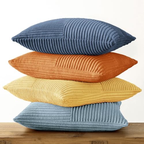 MIULEE Summer Yellow Blue Decorative Throw Pillow Covers 18x18 Inch Set of 4 Soft Corduroy Boho Patchwork Pillow Covers Modern Farmhouse Bright Home Decor for Sofa Living Room Couch Bed - Image 7