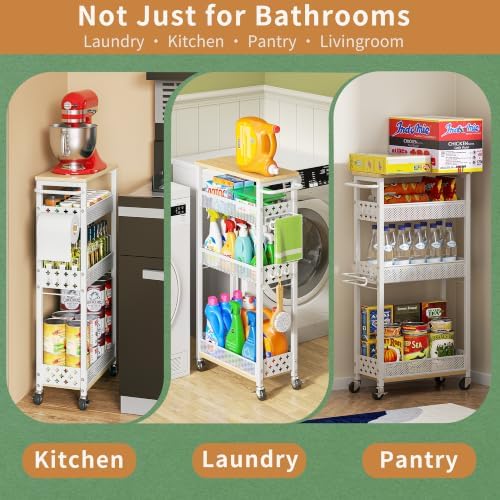 OKZEST Slim Bathroom Organizers and Storage Cart with Toilet Paper Holder - Image 6