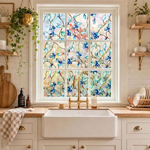 Rainbow Window Privacy Film, Heat & UV Blocking Stained Glass Static Cling with Blue Vine Floral Pattern for Home, Bathroom Window or Door (Installation Tools, 23.6"×78.7") - Image 2