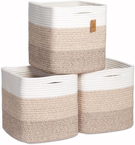 NaturalCozy Storage Cubes 11 Inch Cotton Rope Woven Baskets for Organizing, 3-Pack | Cube Storage Bin | Square Storage Baskets for Shelves Organizer, Classroom, Kids Toy Bins, Closet, Baby Nursery by NaturalCozy