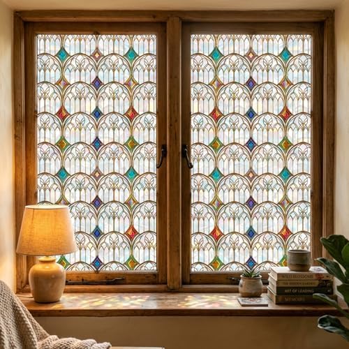 Window Privacy Film Stained Glass, 6 Pcs Gothic Rainbow Window Privacy Films Stickers with Installation Tools, Vintage Film Sticker Decals for Home Bathroom Glass Decorations 17.7 x 157.5 inches by Afritee