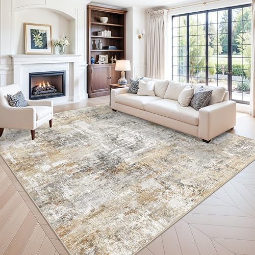 10x10 ft Square Living Room Rug – Washable Modern Abstract Area Rug for Bedroom, Dining Room, Playroom – Neutral Non-Slip Low-Pile Thin Indoor Carpet (Gold Grey) by ZHXXUJ
