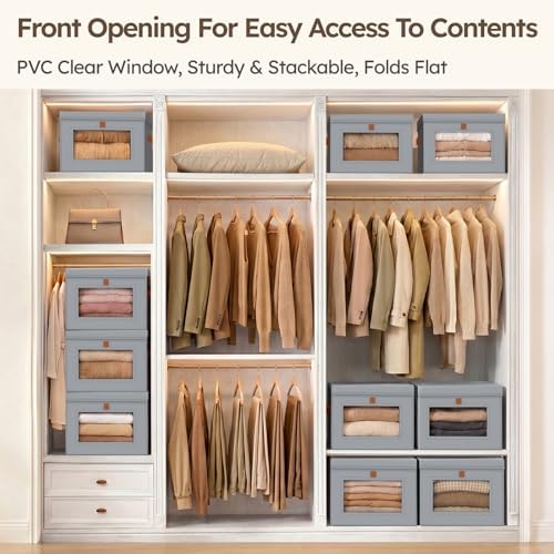 Homsorout Storage Bins with Lids - Front Opening Storage Box with Clear Window & Handles, Stackable Foldable Fabric Bins for Closet Organization, Clothes, Sweaters, Towels, Blankets, 3 Pack, Grey - Image 2