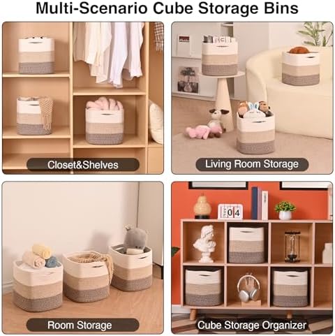 ICERZCZ 11 Inch Cube Storage Bins, Storage Cube Organizer Bins, Woven Cotton Rope Baskets for Storage, Storage Basket for Organizing Shelves, Square Baskets for Toys, Gradient Brown (Pack of 3) - Image 4