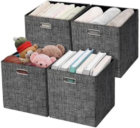 Posprica Fabric Storage Cubes,13×13×13 cube storage bins, Foldable Drawers Baskets Containers for Shelf Cabinet Bookcase,Thick and Heavy Duty (4pcs, Black) by Posprica