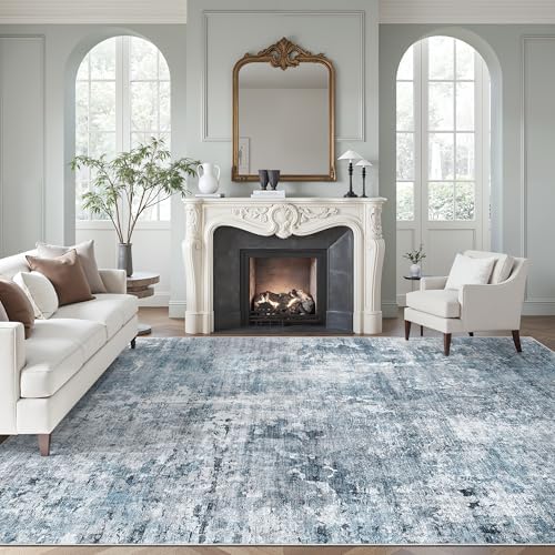 Soalmost Abstract Rug 8x10 Large Living Room Area Rugs Washable Blue/Grey by Soalmost