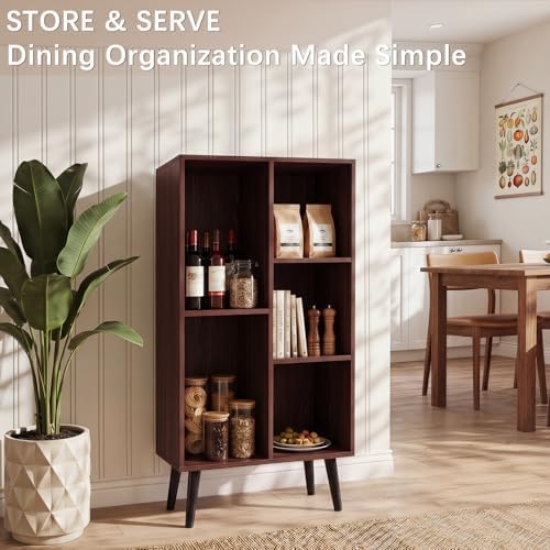 YAHARBO Small Walnut Narrow Bookshelf,5 Tier Modern Bookcase with Legs,Bookshelves Wood Storage Shelf,Rustic Book Shelves Cube Organizer,Display Bookcase - Image 6