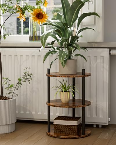 XBurmo Small Round End Table - 3 Tier Design Accent Table, Narrow Side or Bedside Stand, Industrial Vintage Nightstand for Bedroom, Living Room, or Small Spaces, Set of 2, Rustic Brown - Image 7