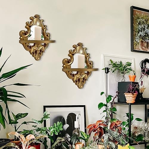 2 Set Vintage Candle Wall Sconce for Home Decor Living Room Bedroom Office Wood Antique Mirrored Victorian Mounted Candlestick Wall Holder Relief Hanging Decor -Gold 11.8in - Image 3