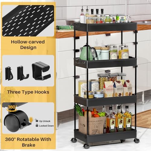 SPACEKEEPER Storage Cart 4-Tier, Bathroom Rolling Cart Utility Storage Organizer Shelf Mobile Shelving Unit for Kitchen Living Room Bathroom Laundry Room & Dressers, Black - Image 2