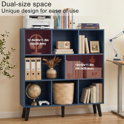 YAHARBO 8 Cube Bookshelf,3 Tier Bookcase with Legs,Dark Blue Mid-Century Modern Bookshelves,Large Free Standing Open Storage Organizer Shelf,Tall Wooden Book Case Furniture for Bedroom,Living Room - Image 4