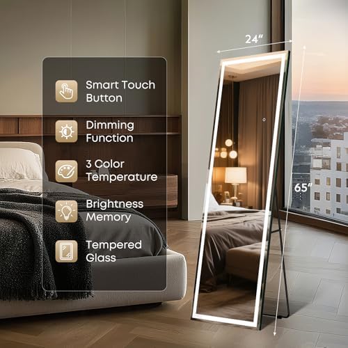 Kosmonia 65x24 Full Length Mirror, Dimmable 3 Color LED Light w/Light Memory, Distortion Free Silver Coating Mirror, HD Reflection &Anti Desilvering,Tempered Glass, Easy Setup w/Stand, Wall/Standing - Image 6
