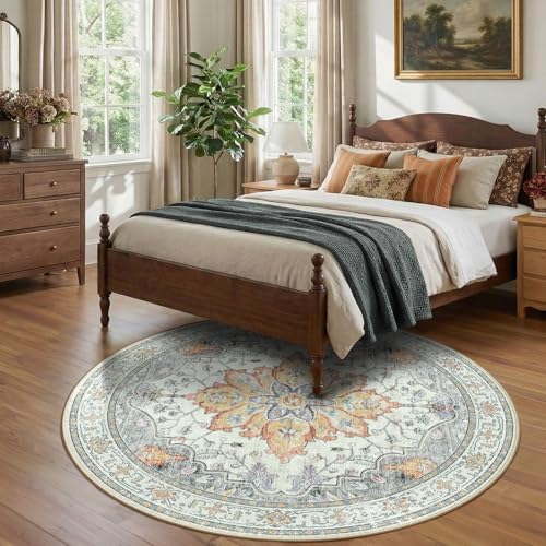 RELEANY Washable Area Rug, Round 7ft, Beige/Carbon Grey/Orange - Image 2