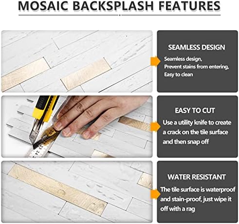 STICKGOO 2 Sheets Peel and Stick Backsplash Tile, Stick on Backsplash for Kitchen and Bathroom, White Sandstone Look PVC Mixed Metal Gold Self Adhesive Wall Tiles - Image 2