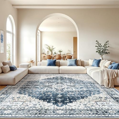 AMADA HOMEFURNISHING 10x14 Washable Area Rug, Low-Profile Large Area Rug with Non-Slip Backing & Durable Edge Binding, Vintage Large Rugs for Living Room, Bedroom & Dinning Room by AMADAHOMEFURNISHING