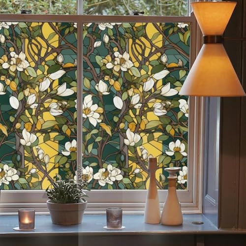 Vintage White Yellow Dark Green Flowers Leaf Stained Glass Window Films Decorative Double-Side Privacy Film Self-Adhesive Static Glass Clings for Living Room Bathroom Decor - Image 3