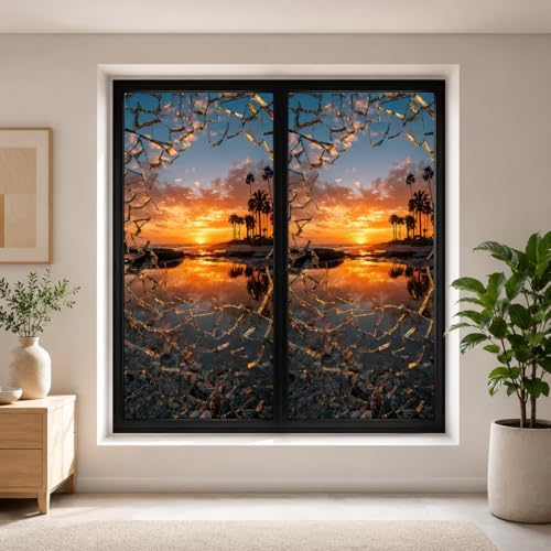 Sunset Beach Window Film Decorative Privacy Window Cling with Cracked Glass Effect, Peel and Stick Window Sticker for Bathroom Bedroom Living Room Decor 17.5 x 39.3 inch by KKYEJLQYI