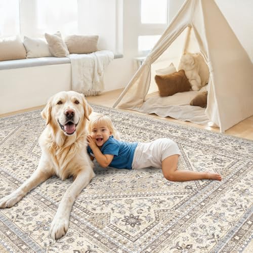 7x9 Washable Area Rug for Living Room - Non-Slip Vintage Rugs Beige Gray by Puino