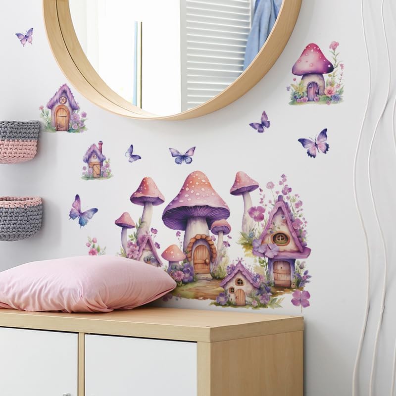 2 Sheets Purple Cartoon Mushroom House Wall Stickers Removable DIY Green Plants and Flower Wall Stickers Viny Purple Butterfly Wall Decal for Girls Home Nursery Bedroom Bathroom Decoration - Image 5