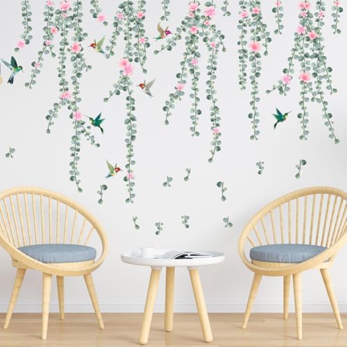 Hanging Green Vine Wall Decals,Succulent Plants Wisteria Floral Flowers Butterflies Birds Wall Stickers, Self-Adhesive Vinyl Removable Living Room Sofa TV Wall Decor by ZARROUEA