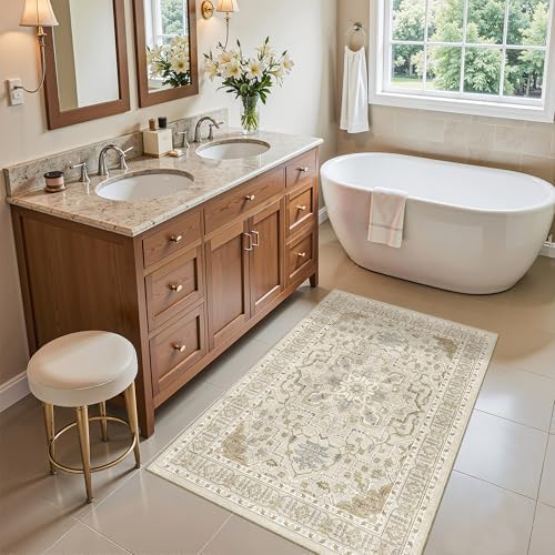 Madane Washable Area Rug 2x3 Small Entryway Rugs Non-Slip, Beige/Blue - Image 3