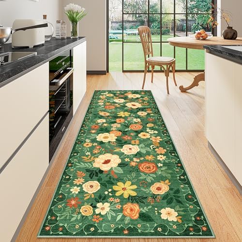 DUKINO 2.6x8 Runner Rug, Washable Rug for Hallway Non Slip, Dark Green by DUKINO