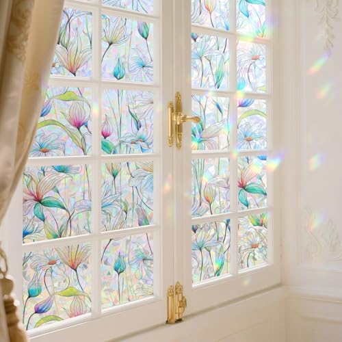 Donox Decorative Window Privacy Film, 3D Floral Stained Glass Window Film Static Cling Rainbow Privacy Sticker for Glass Door Heat Control Anti UV, No Adhesive (Magnolia,17.5 x 157.4 inches) - Image 5