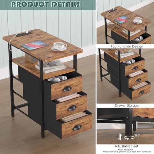 sthmec End Table with Charging Station,LED Side Tables with USB Ports and Outlets,Narrow Nightstands Bedside Tables with 3 Fabric Drawers for Small Space,Slim Sofa Table for Livingroom, Rustic Brown - Image 5